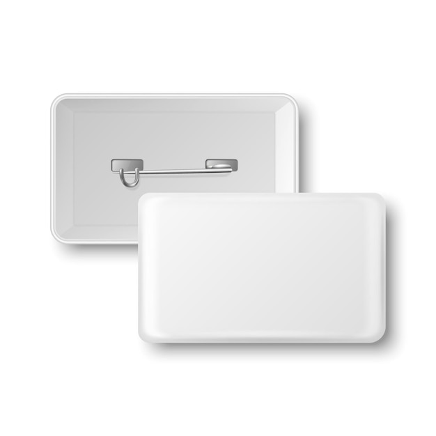 Vector vector 3d realistic rectangular white metal plastic blank empty button badge icon isolated button pin badge glossy brooch pin top view front and back side template for branding mockup