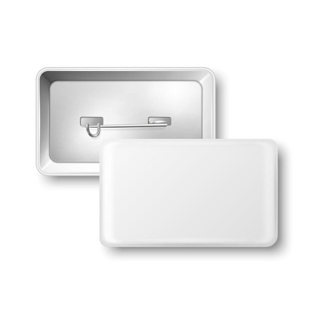 Vector vector 3d realistic rectangular white metal plastic blank empty button badge icon isolated button pin badge glossy brooch pin top view front and back side template for branding mockup