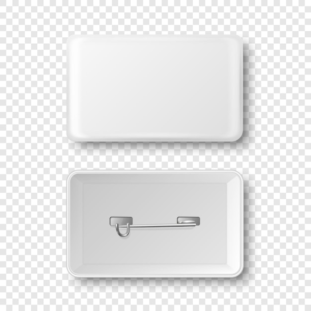 Vector 3d Realistic Rectangular White Metal Plastic Blank Empty Button Badge Icon Isolated Button Pin Badge Glossy Brooch Pin Top View Front and Back Side Template for Branding Mockup