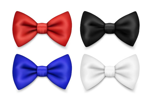 Вектор Векторный 3d реалистичный красный синий белый черный галстук-бабочка набор иконок крупным планом изолированный шелковый глянцевый галстук-бабочка джентльмен макет шаблон дизайна галстук-бабочка для мужчины мужская мода день отца праздник
