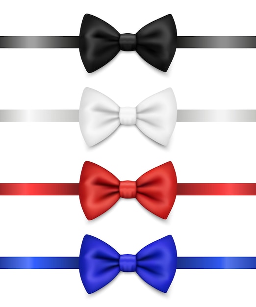 Вектор Векторный 3d реалистичный красный синий белый черный галстук-бабочка набор иконок крупным планом изолированный шелковый глянцевый галстук-бабочка джентльмен макет шаблон дизайна галстук-бабочка для мужчины мужская мода день отца праздник