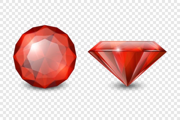 Vettore 3d realistico rosso gemma cristallo strass icona set primo piano isolato jewerly concetto modello di progettazione clipart gemme colorate cristalli strass pietre preziose vista superiore e laterale