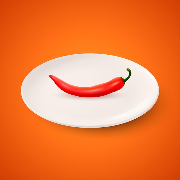 Vector 3d Realistic Red Hot and Spicy Chili Pepper and White Porcelain Ceramic Plate Design Template Мексиканская концепция еды Вид спереди или сверху