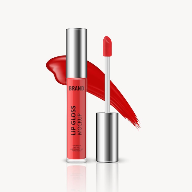 Vector vector 3d realistic red lip gloss lip stick package silver cap lid lipstick stroke isolated glass container tube lid brush plastic transparent bottle design template mockup front view