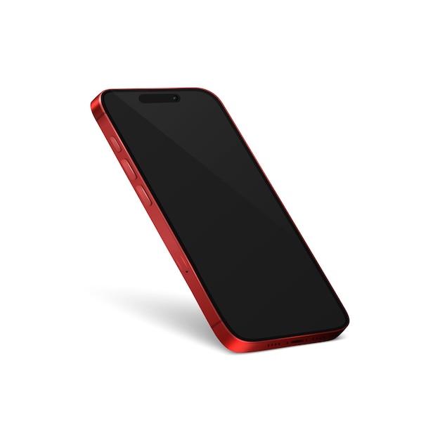 Vettore modello di design per smartphone moderno rosso realistico vettoriale 3d con schermo nero telefono cellulare isolato dispositivo telefonico ui ux telefono in vista a metà giro