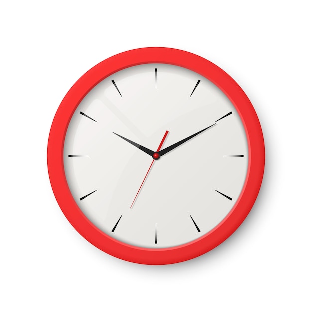 Vector vector 3d realistic red wall office clock isolated on white white dial design template of wall clock closeup mockup for branding advertise top front view