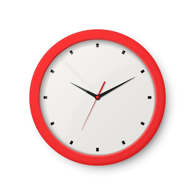 Векторные трехмерные реалистичные красные настенные офисные часы, изолированные на белом белом циферблате Дизайн шаблона настенных часов Макет крупным планом для брендинга