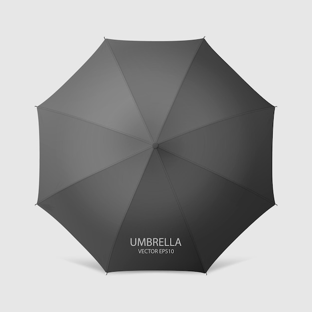 Vettore vector 3d rendering realistico nero ombrello vuoto icona primo piano isolato su sfondo bianco modello di progettazione di ombrellone aperto per mockup branding pubblicità ecc. vista dall'alto