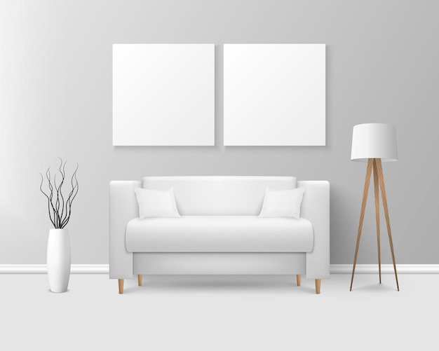 Вектор vector 3d realistic render white sofa couch with pillows in simple style in modern room apartment salon art gallery гостиная приемная гостиная или интерьер офиса белые плакаты на стене