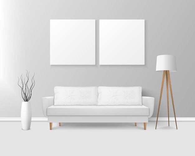 ベクトル モダンな部屋のアパートサロンアートギャラリーリビングルームレセプションラウンジまたは壁のオフィスインテリア白いポスターのシンプルなスタイルの枕とベクトル3dリアルなレンダリング白いソファソファ