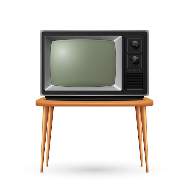 Vector 3d realistic retro tv receiver on a wooden table stand closeup isolated on white vintage tv set television front view