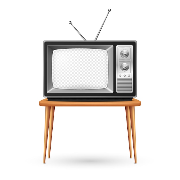 Vector vector 3d realistic retro tv receiver on a wooden table stand closeup isolated on white vintage tv set with transparent screen television front view