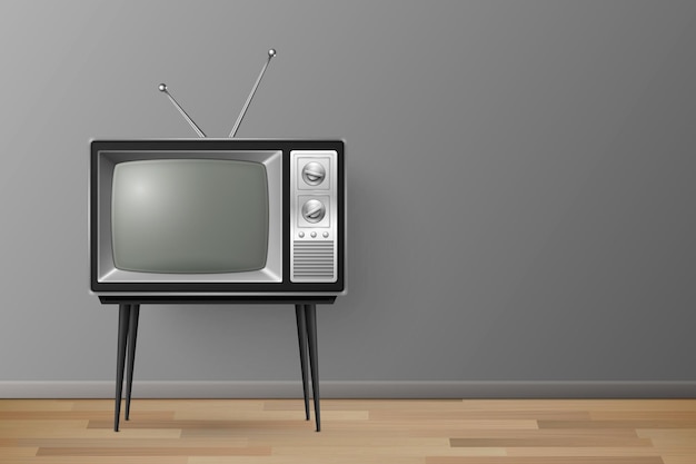 Vector vector 3d realistic retro tv receiver on a wooden table stand home interior design concept vintage tv set on the wooden floor television front view