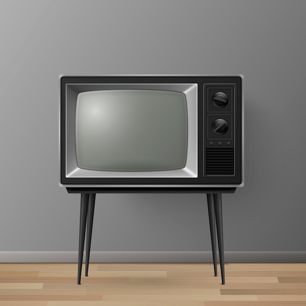 Vector 3d Realistic Retro TV Receiver on a Wooden Table Stand Home Interior Design Concept Vintage TV Set on the Wooden Floor Television Front View