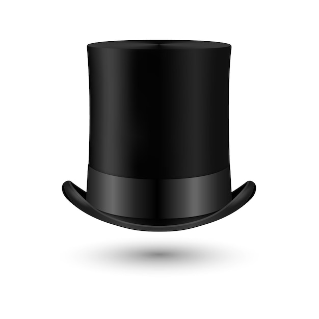 Vettore 3d realistico retro vintage black top hat icona primo piano isolato su bianco modello di progettazione di top hat mockup gentlemans cappello icona top cappelli nella vista frontale