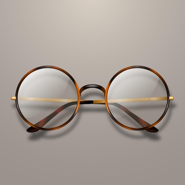 vector 3d realistic round frame glasses brown color frame colorless transparent sunglasses for women and men accessory optics lens vintage trendy glasses front top view