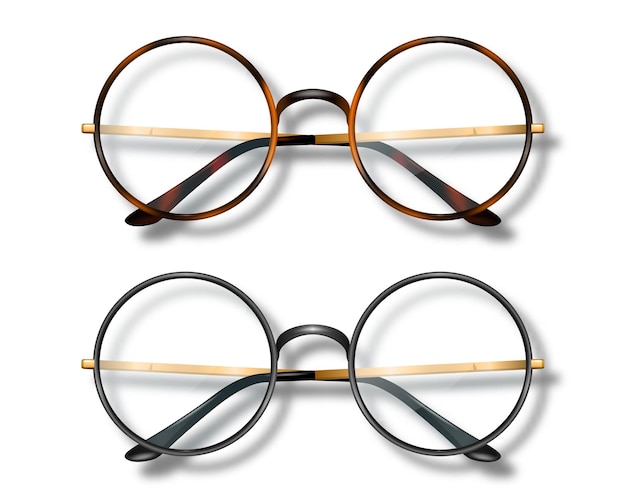 Vettore vector 3d realistic round frame glasses icon set isolato leopard e frame nero occhiali da sole trasparenti per donne e uomini accessoire ottica lenti vintage occhiali alla moda top view