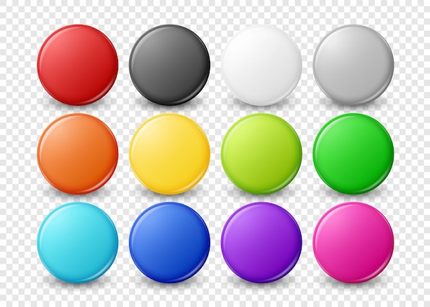 Vector 3d Realistic Round Metal Plastic Blank Empty Button Badge Icon Set CLoseup Isolated Front View Button Pin Badge Collection Glossy Brooch Pin Front View Template for Branding Mockup