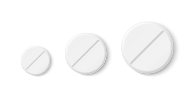 Vector vector 3d realistic round white pharmaceutical medical pill capsule tablet icon set isolated