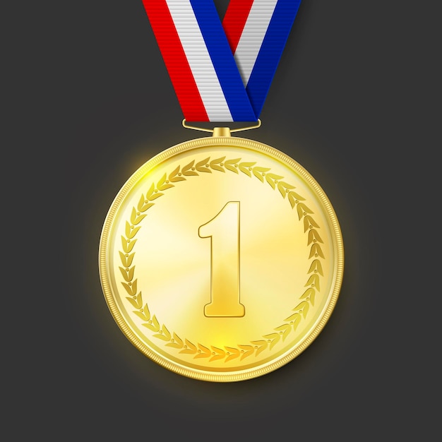ベクトル 3 d 現実的な光沢のある黄金の勝利メダル暗い背景に縞模様のリボンと勝利の概念グロー最初場所バッジ クローズ アップ黒の背景の前面または平面図