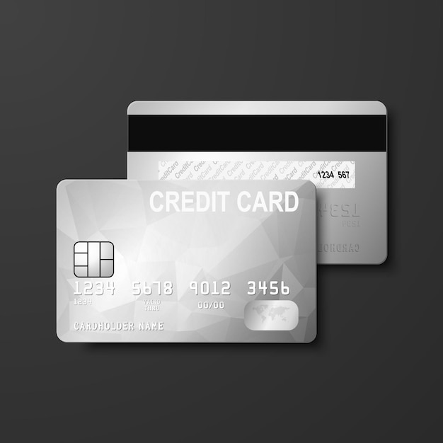 Vettore vector 3d realistic silver blank credit card isolato modello di progettazione di carta di credito o di debito in plastica per il concetto di pagamento della carta di credito mockup branding