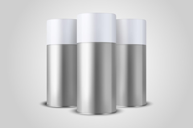 Vector 3d realistic silver blank spray can bottle set closeup isolated on white background design template of spray can for mock up package advertising лак для волос дезодорант и т.д.