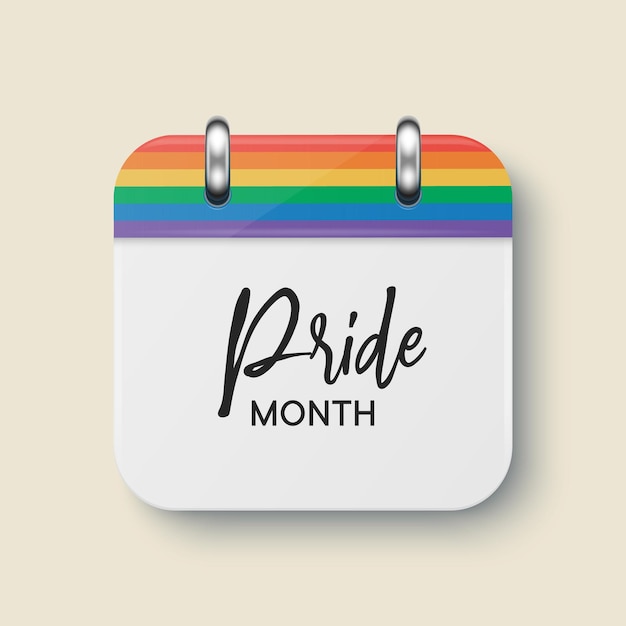 Vector 3d realistic simple calendar icon pride month celebrate concept lgbt rainbow colors gays lesbians parade fight for human rights paper white spiral calendar on wall