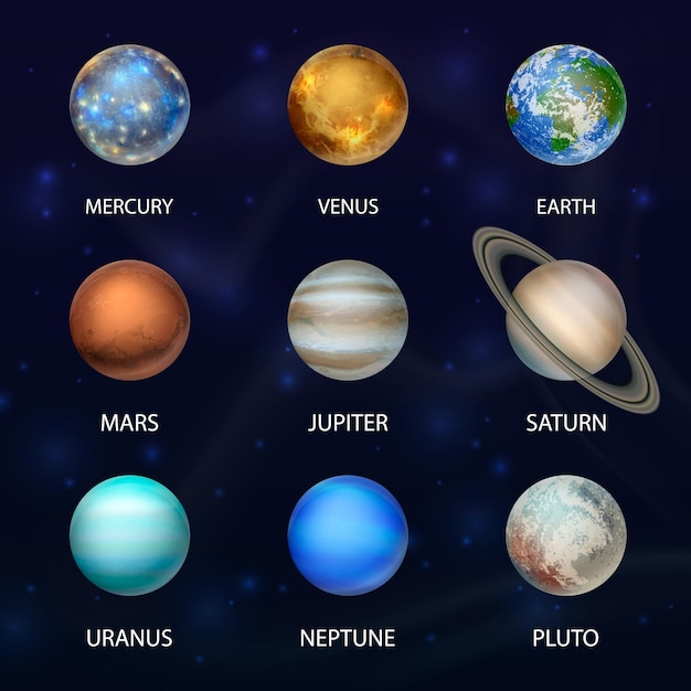 Vector 3d Realistic Space Planet Icon Set on Dark Starry Sky Background The Planets of the Solar System Galaxy Astronomy Space Exploration Concept