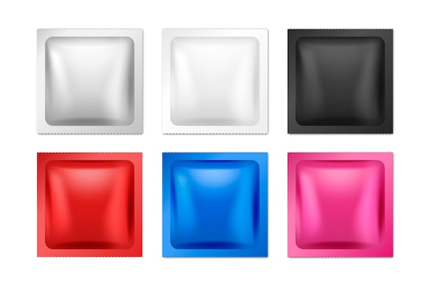 白い薬で分離されたベクトル3d現実的なスクエアフォイルブランク包装セットコーヒー塩砂糖コショウスパイスサシェコンドームラッパーモックアップのデザインテンプレート上面図