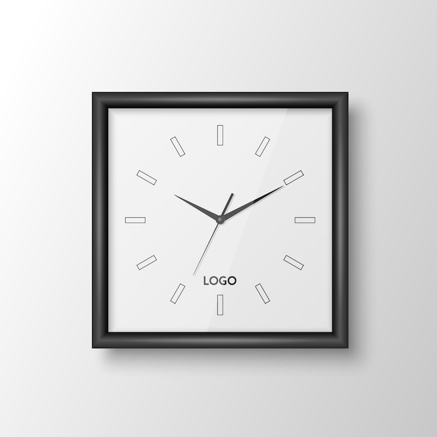 Вектор Векторные 3d реалистичные квадратные настенные офисные часы с черной рамкой, изолированный на белом циферблате с римскими цифрами. макет настенных часов для брендинга и рекламы. изолированный дизайн циферблата.
