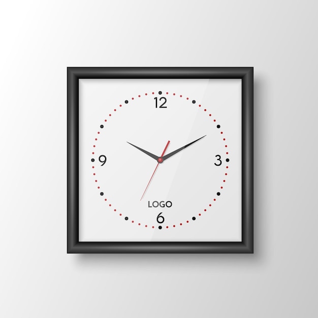 흰색에 격리된 검정색 프레임 디자인 템플릿이 있는 벡터 3d 현실적인 사각형 벽 사무실 시계 로마 숫자로 다이얼 브랜딩 및 광고를 위한 벽시계 모형 격리된 시계 얼굴 디자인