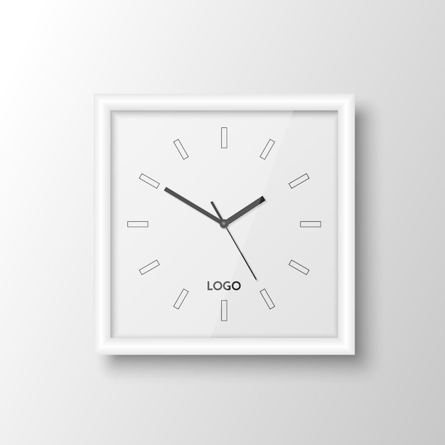 벡터 브랜딩을 위한 벽시계의 흰색 목업에 격리된 벡터 3d 현실적인 사각형 흰색 벽 사무실 시계 디자인 템플릿 및 격리된 시계 얼굴 디자인 광고