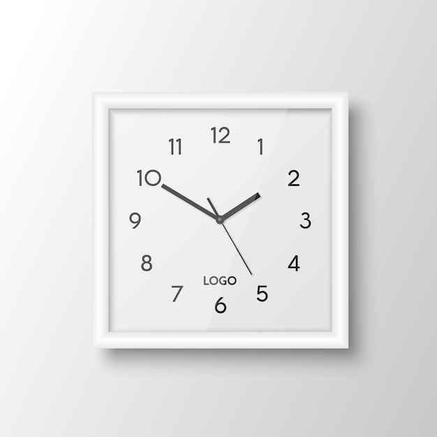 Vector 3d realistic square white wall office clock design template isolated on white mockup of wall clock for branding and advertise isolated clock face design