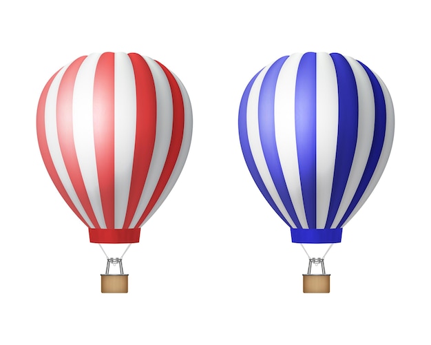 Vector 3d Realistic Striped Red and Blue Hot Air Balloon Icon Set Isolated on White Background Design Template for Mockup Branding Front View