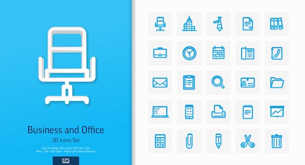 Icone di stile realistico 3d vettoriali impostate illustrazione con simboli di contorno di strumenti aziendali e per ufficio documenti giornale telefono fax sedia proiettore schermo linea pittogramma ombra vista dall'alto