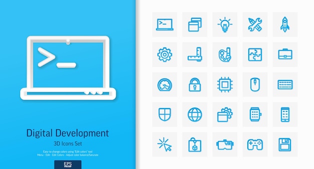 Набор векторных 3d реалистичных иконок в стиле Иллюстрация с символами контура цифрового развития Идея запуска исследования игрового контента программного обеспечения пиктограмма линии программирования линии сверху