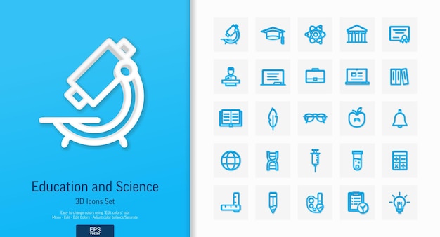 Vector vector 3d realistic style icons set illustration with education science and laboratory research outline symbols idea bulb dna code medical development atom line pictogram top view shadow