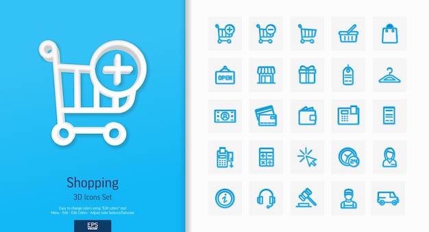 ベクトル ベクトル3dリアルなスタイルのアイコンセットショッピングeコマースのアウトラインシンボルとイラストインターネットマーケットストア配信ギフトボックスバッグ支払いクリック課金ラインピクトグラムトップビューシャドウ