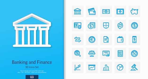 Vector 3d realistic style icons set with banking and finance line symbol