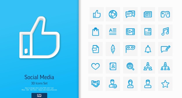 Vector vector 3d realistic style icons set with social media network line symbol