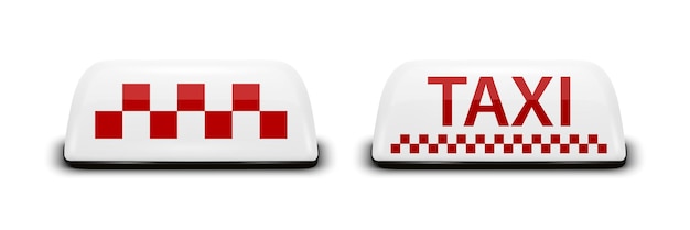 Vector 3d Realistic Taxi Car Roof Sign Icon Set Closeup Isolated on White White Red French Taxi