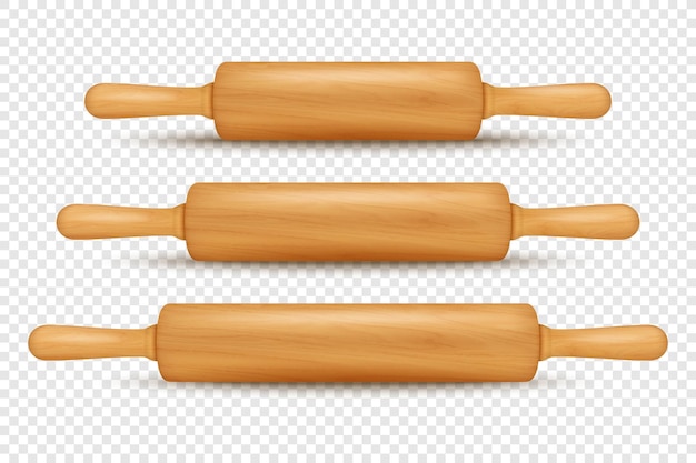 Vector vector 3d realistic textured wooden rolling pin icon set isolated kitchen dough roller design template of dough rolling pin for bakery different size front side view