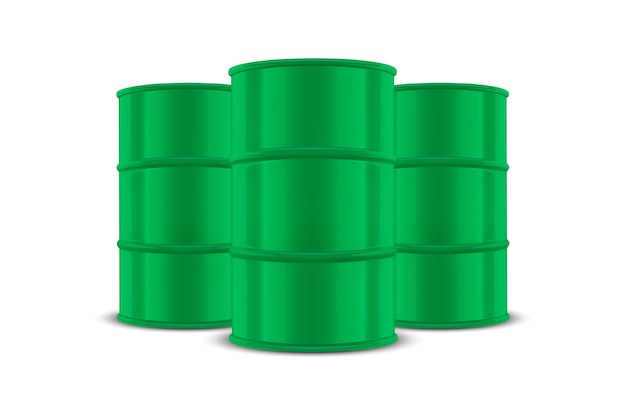 Vector vector 3d realistic three green barrels hazard liquid caution barrel radioactive hazardous chemical materials toxic pollution many danger barrels set closeup isolated front view