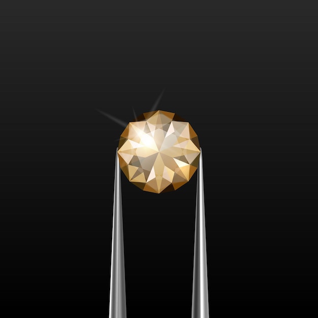 Vettore vector 3d realistico trasparente viola pietra preziosa diamante cristallo strass con pinze per gioielli primo piano su sfondo nero jewerly concept design template clipart