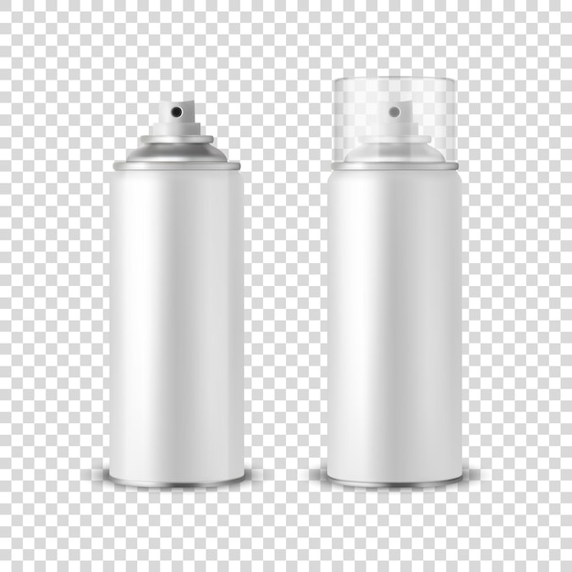 Vector 3d realistico bianco alluminio vuoto spray può bottiglia coperchio trasparente set design isolato modello spruzzatore può mock up pacchetto pubblicità lacca deodorante vista frontale