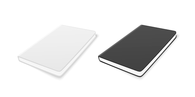 Векторный 3d реалистичный белый и черный закрытый пустой блокнот, изолированный на белом фоне. дизайн шаблона тетради для макета.