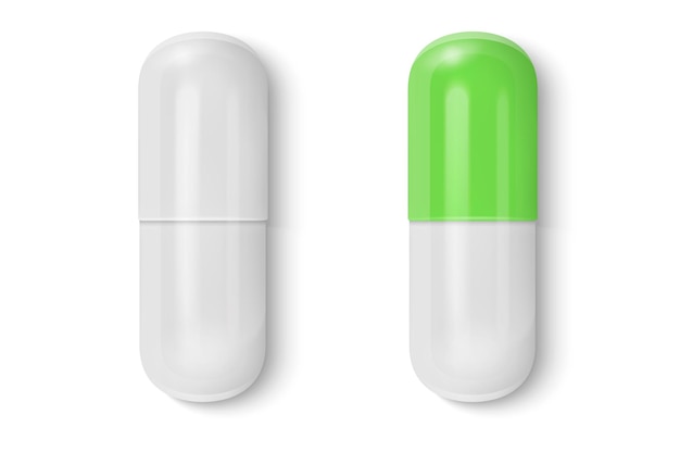 벡터 3d 현실적인 흰색과 녹색 의료 알약 아이콘 세트 근접 촬영 그래픽 모형 의료 및 건강 관리 개념 평면도에 대 한 알 약 캡슐의 흰색 배경 디자인 서식 파일에 고립