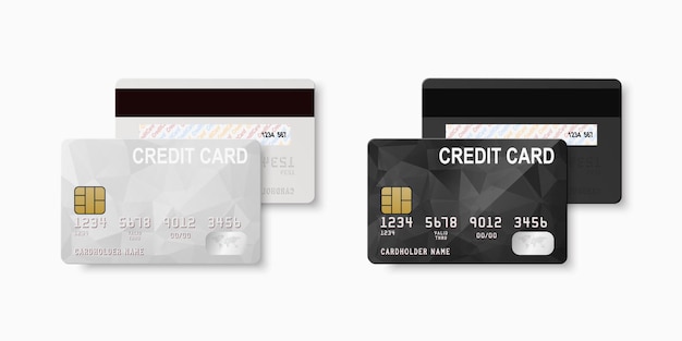 벡터 3d 현실적인 흰색 및 검은색 빈 신용 카드 플라스틱 신용 카드 또는 직불 카드 모형 브랜딩 신용 카드 결제 개념 전면 후면 보기 측면의 격리된 디자인 템플릿
