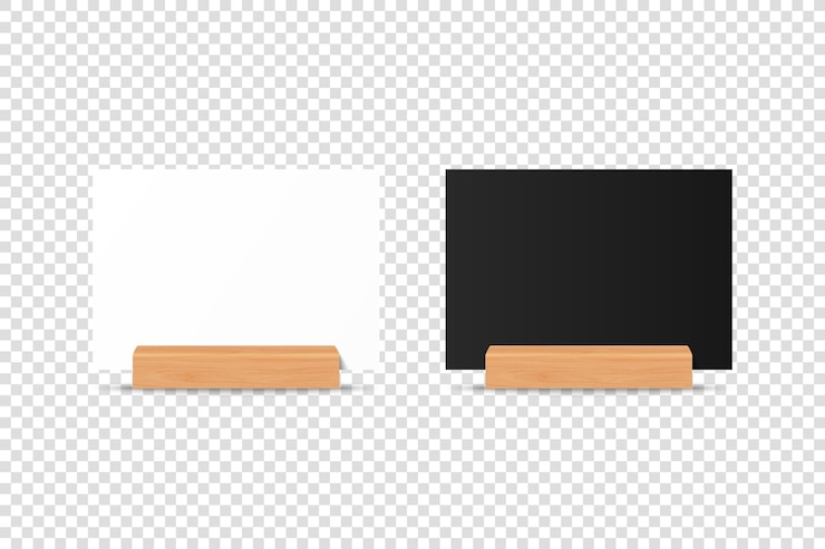 Vector vector 3d realistic white and black horizontal a4 a5 blank paper sheet card on wooden holder stand