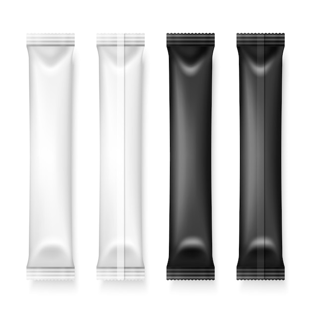 Vector vector 3d realistic white and black long slim blank packaging set isolated drugs coffee salt sugar pepper spices sachet candy wrapper design template of packing for mockup top view